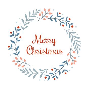 Merry Christmas. Template for a Christmas card with a wreath of branches, berries and an inscription in the Scandinavian style on a white background. Vector illustration