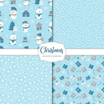 Set of winter holiday patterns with snowmen, gifts and snowflakes. Vector illustration on a light blue background.