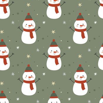 Seamless pattern with funny snowmen on green background simple cartoon style. Vector illustration for Christmas and New Year holidays. For fabric, wrapping paper