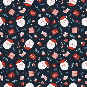 Christmas seamless pattern with funny santa gifts, balls, candy cane, Christmas sock and branches. Seamless vector background in flat cartoon style on dark blue background. For fabric, wrapping paper, etc.