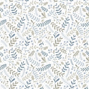 Christmas seamless floral pattern with berries and branches. Flat style, hand-drawn pastel palette. Great for fabric, wrapping paper, etc.