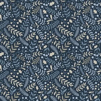 Christmas seamless floral pattern with berries and branches. Flat style, hand drawing. Great for fabric, wrapping paper, etc.