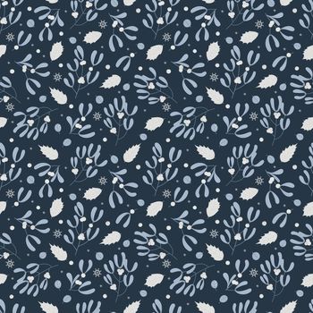 Christmas seamless pattern with mistletoe berries and branches. Flat style, hand drawing. Great for fabric, wrapping paper, etc.
