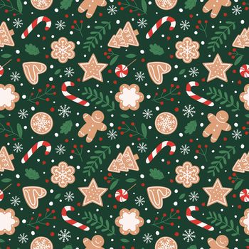 Gingerbread seamless pattern. Festive background with cookies, candies, leaves and berries. Vector illustration in flat cartoon style on green background