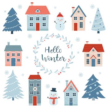 Hello winter. Christmas set with a variety of houses, trees and snowmen on a white background. Simple cartoon style. Vector illustration for winter holidays.