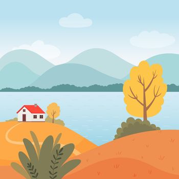 Autumn. Autumn landscape with a house, a river and trees. Vector illustration in a flat style.
