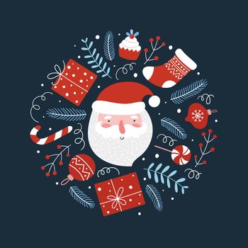 Christmas round composition with funny santa, gifts and lollipops. Vector illustration for the decoration of Christmas and New Year cards, prints.