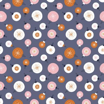 Seamless pattern with Christmas balls on a dark background. Vector illustration in Scandinavian style. Seamless background for winter holidays decoration, printing on fabric, wrapping paper.