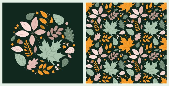 Bright autumn set with round composition and seamless pattern with autumn leaves and berries in flat cartoon style on dark green background. Vector print for printing on fabric, autumn cards, etc.