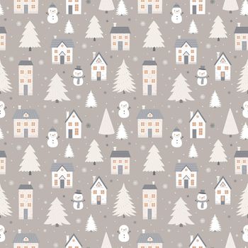 Seamless winter pattern with houses, snowmen and fir trees. Vector seamless background for winter decoration.