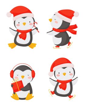 Christmas set with cute penguins in cartoon style on a white background. Vector illustration