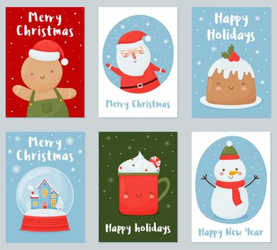 Set of Christmas and New Year holiday cards with funny Christmas characters. Vector illustration in cartoon style.