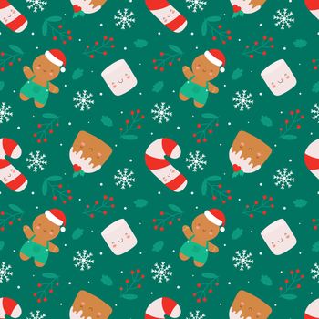 Christmas seamless pattern with cute characters. Christmas cupcake, ginger man, marshmallow and candy cane. Vector seamless background in flat cartoon style.