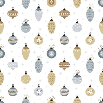 Seamless Christmas background with balls, bauble, stars on a white background. Scandinavian style. Perfect for winter holidays, Christmas wallpaper, wrapping paper, fabric. Vector illustration