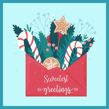 Christmas greeting card with envelope and Christmas sweets. Vector illustration in flat cartoon style.