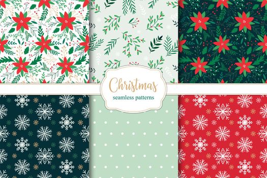 Set of christmas seamless patterns with poinsettia branches, leaves and berries and snowflakes.