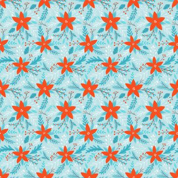 Seamless Christmas pattern with poinsettia branches, leaves and berries on a light blue background. Vector illustration.