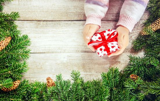 Wooden background with gifts. Selective focus. Decor.