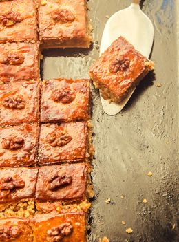 Baklava honey with walnuts. Selective focus. food.