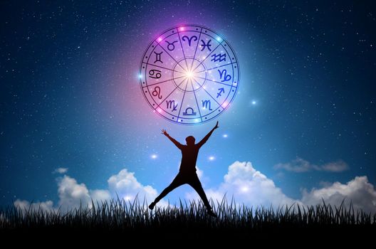 Zodiac signs inside of horoscope circle. Astrology in the sky with many stars and moons  astrology and horoscopes concept