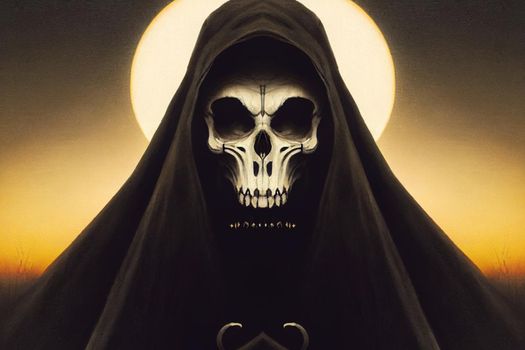 Grim reaper collecting souls at night. Halloween festival concept. Digital art, 3D illustration