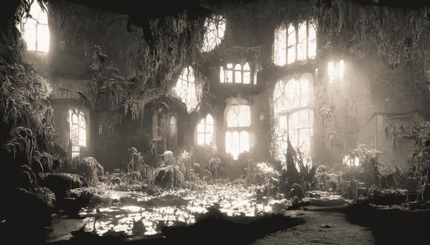 Blurred background of decrepit haunted house in the dark, Halloween background concept. 3D render