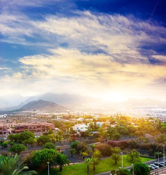 Sunset in Tenerife island, Spain. Tourist Resort