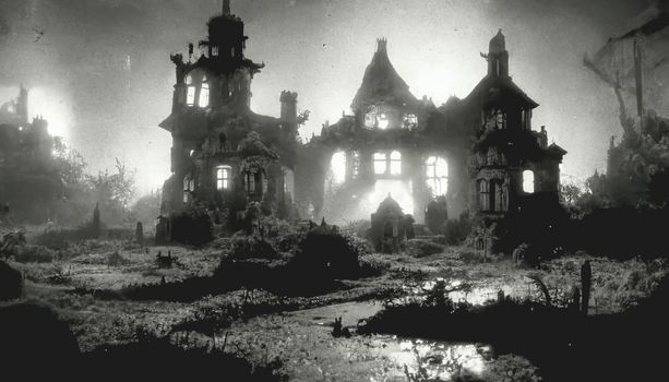 Blurred background of decrepit haunted house in the dark, Halloween background concept. 3D render
