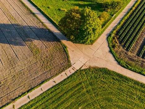 Several dirt roads seen with the drone meet at a fork in the road and require a decision