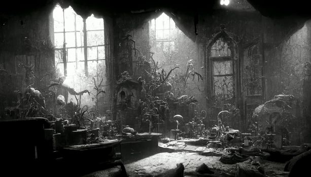 Blurred background of decrepit haunted house in the dark, Halloween background concept. 3D render