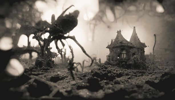Blurred background of decrepit haunted house in the dark, Halloween background concept. 3D render