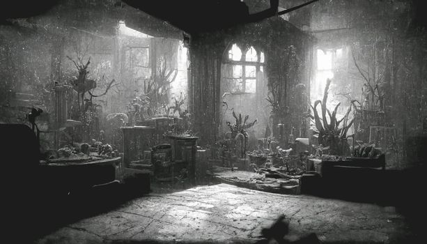 Blurred background of decrepit haunted house in the dark, Halloween background concept. 3D render