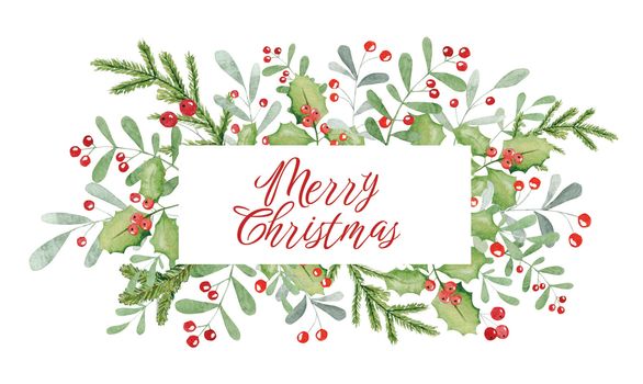 Merry Christmas decoration winter watercolor painting with pine tree, winter berries and festive wishes. Beautiful aquarelle holiday xmas postcard with text