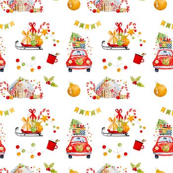 Christmas drawings watercolor seamless pattern with red car, xmas tree and sleg. New Year festive paintings with house, lollipop and gift
