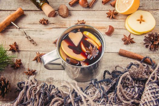 Mulled wine. With spices. Selective focus. Christmas drink.