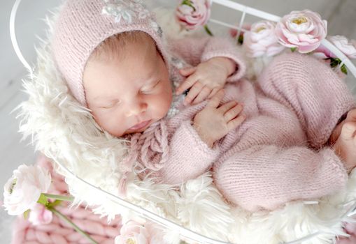 Newborn baby girl sleeping in basket decorated with flowers. Infant child kid spring blossom studio portrait
