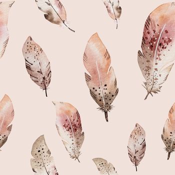 Watercolor feather paintings in boho style with indian ornament on light pink background seamless pattern. Hippie quills aquarelle drawings for decoration