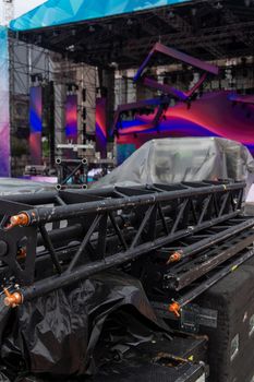 Details and elements of the stage podium. Metal frames for installation of concert equipment. Prefabricated metal frames. Technical equipment of the performances.