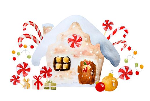 Christmas gingerbread house with sleg, lollipop and gifts illustration. New Year xmas festive postcard