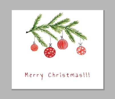 Merry Christmas decoration winter watercolor painting with pine tree and festive balls. Aquarelle holiday xmas postcard