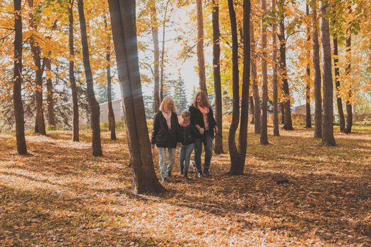 Grandmother and mother with granddaughter throw up fall leaves in autumn park and having fun. Generation, leisure and family concept