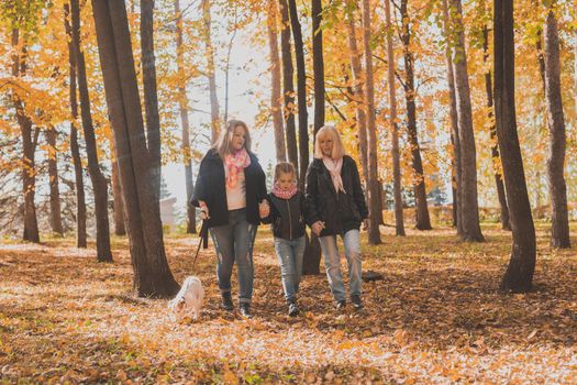 Grandmother and mother with granddaughter throw up fall leaves in autumn park and having fun. Generation, leisure and family concept