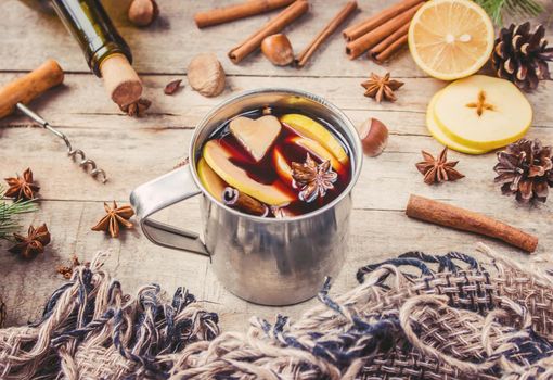 Mulled wine. With spices. Selective focus. Christmas drink.