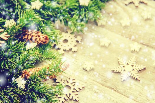 Wooden background with gifts. Selective focus. Decor.