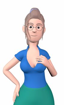 A girl with glasses and a blue T-shirt with a big bust holds her chest with one hand on the white background 3d-rendering.