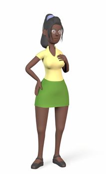 a black woman in a yellow shirt holds her breasts on a white background 3d-rendering.