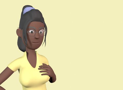 a black woman in a green shirt holds her breasts on a yellow background 3d-rendering.