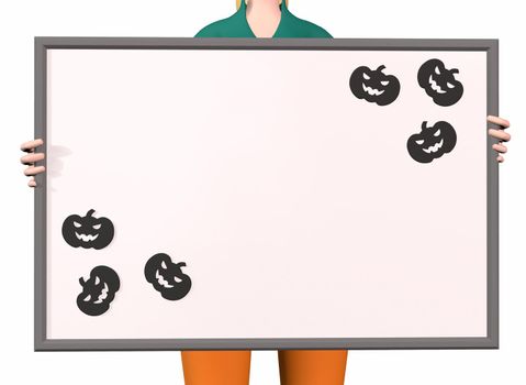 a girl holds a writing board with pumpkin patterns in the corners for Halloween 3d-rendering.