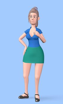 A girl with glasses and a blue shirt with a big bust holds her chest with one hand on the blue background 3d-rendering.
