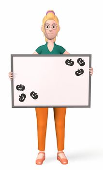 a girl holds a writing board with pumpkin patterns in the corners for Halloween 3d-rendering.